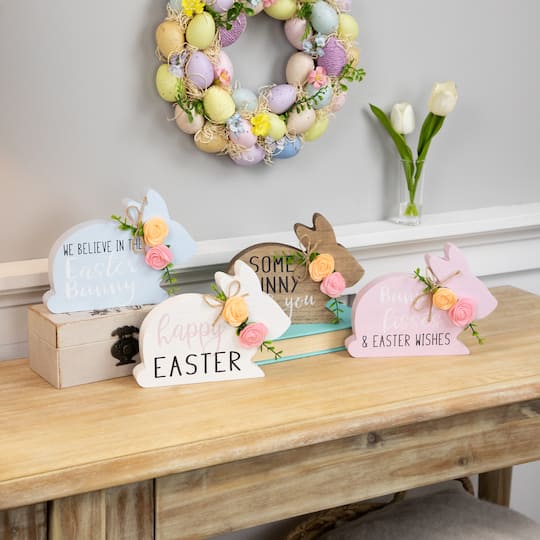 8" Floral Bunny Wooden Tabletop Easter Signs, 4ct.